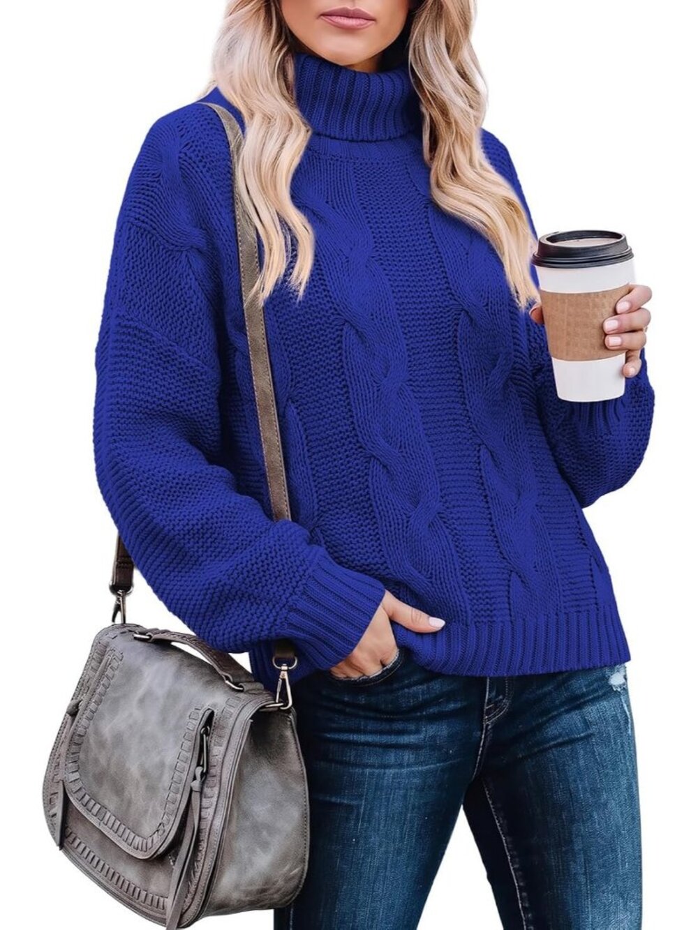 Women's Blue Luxury Style Loose Fit  Cable Knit Chunky Turtleneck Sweaters